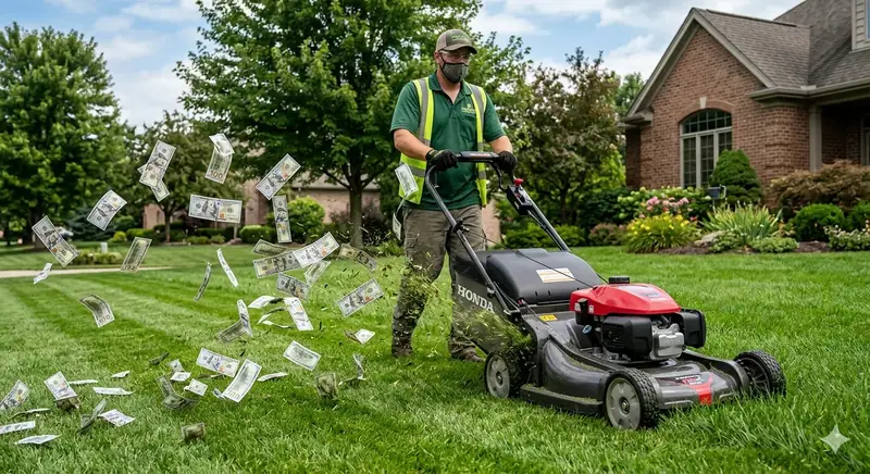Landscaper mowing a lush green lawn in a suburban neighborhood with money flying from the mower — representing the revenue potential of a full lead pipeline